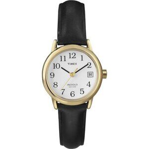 Womens Easy Reader Watch Gold Tone Case Leather Strap Light Up Dial Date